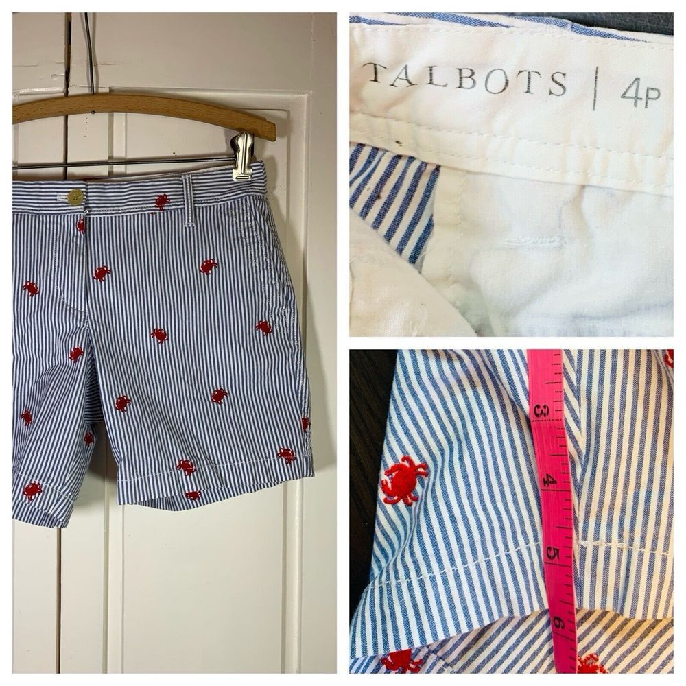 Talbots Crab Embroidered Girlfriend Shorts Petites‎ 4P Chino Preppy Nautical
